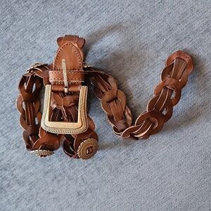 Braided genuin brown braided leather belt with silver tone details sz M